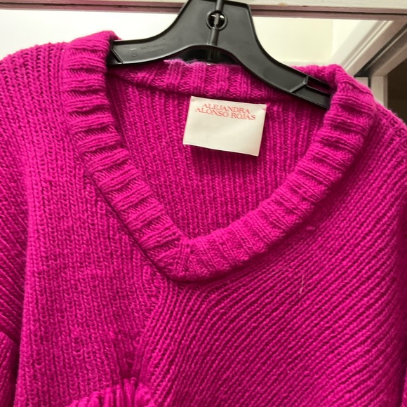 Alejandra Alonso Rojas. Cashmere Wool Blend Vee Neck Sweater w/ Fringe. Cropped. - Picture 9 of 13